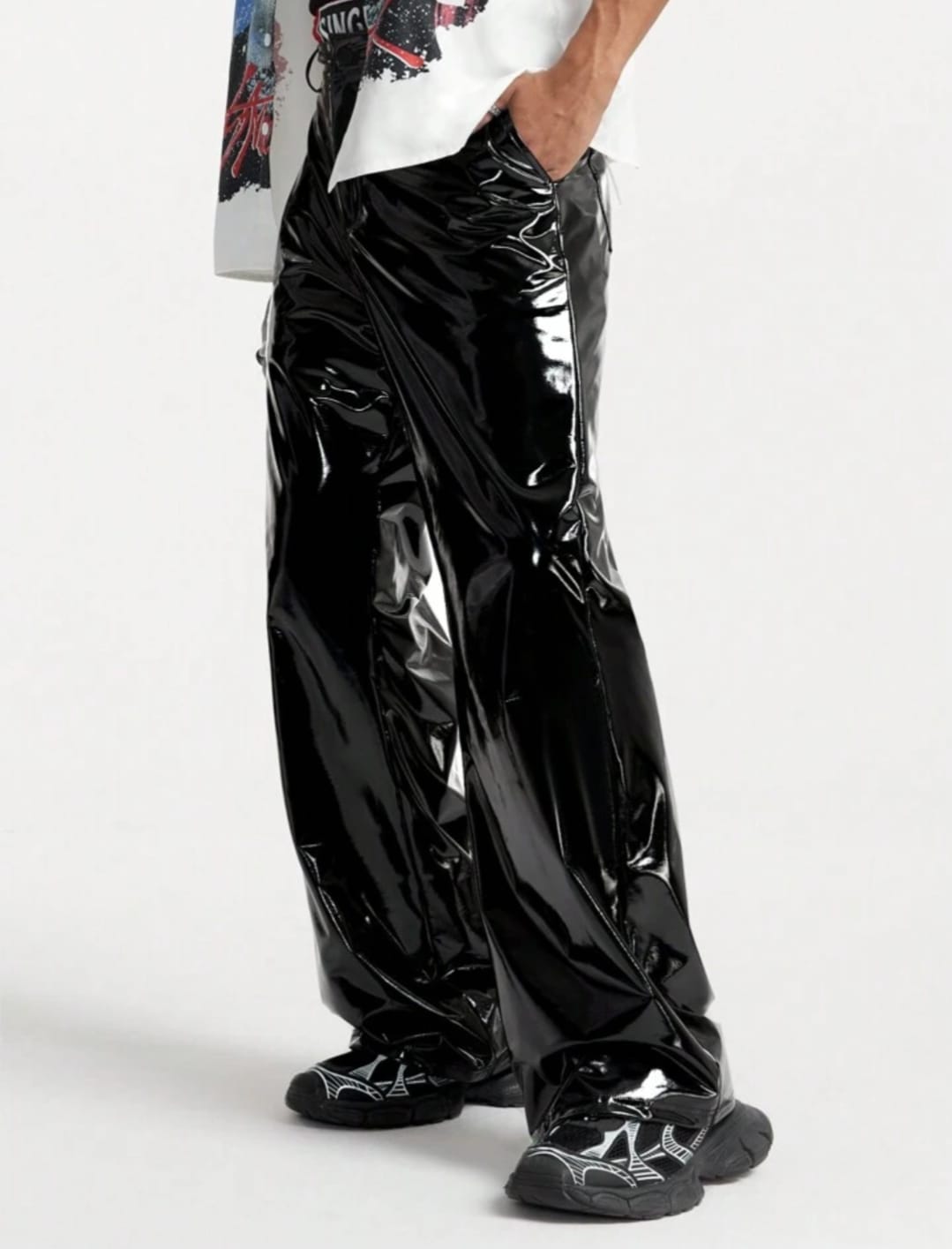 Men's Black Patent Leather Wide-Leg Pants – Glossy Streetwear Statement Trousers